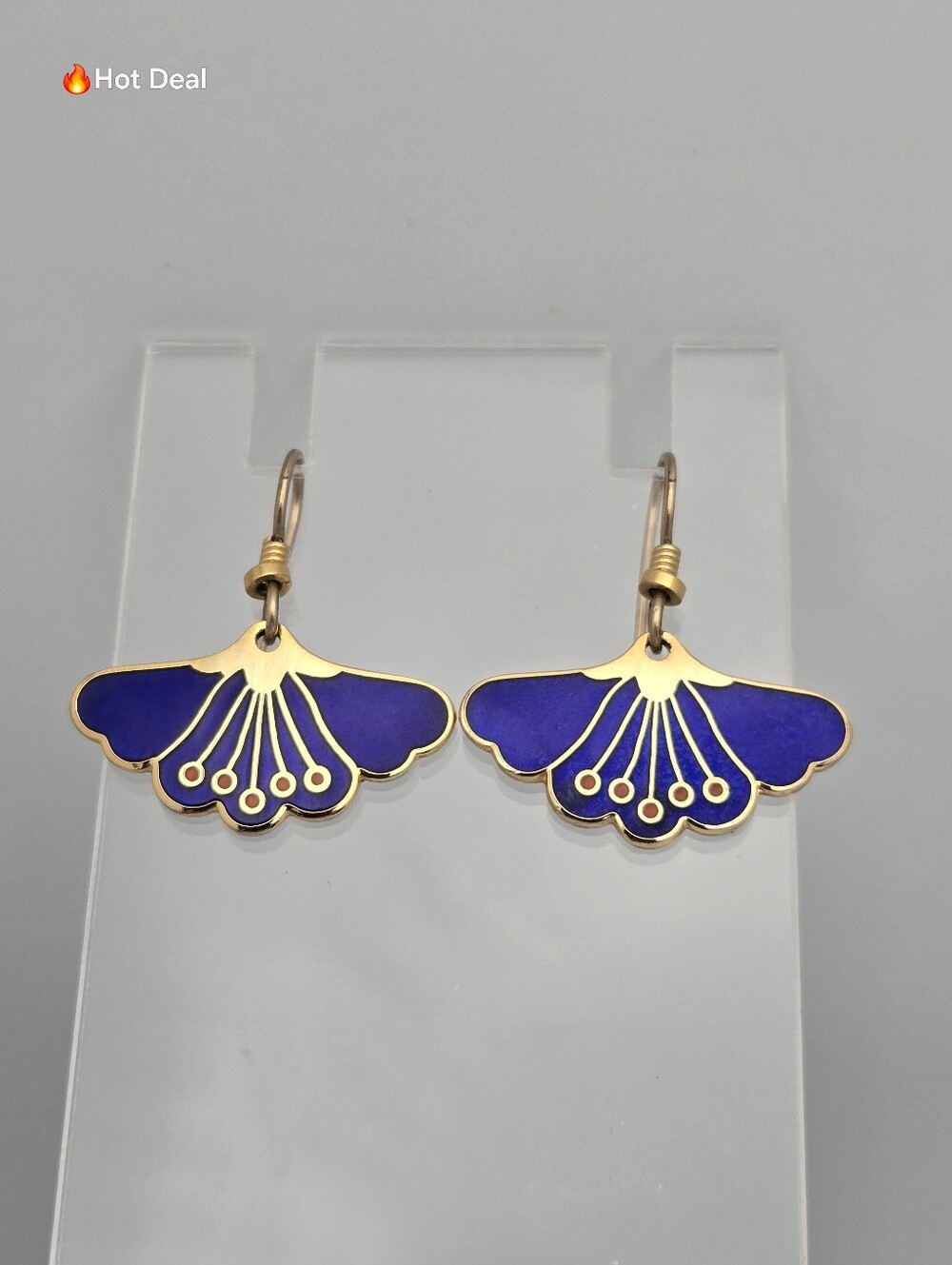 Laurel Burch Cobalt Blue Cloisonné Floral Fan Earrings 1980s Vintage